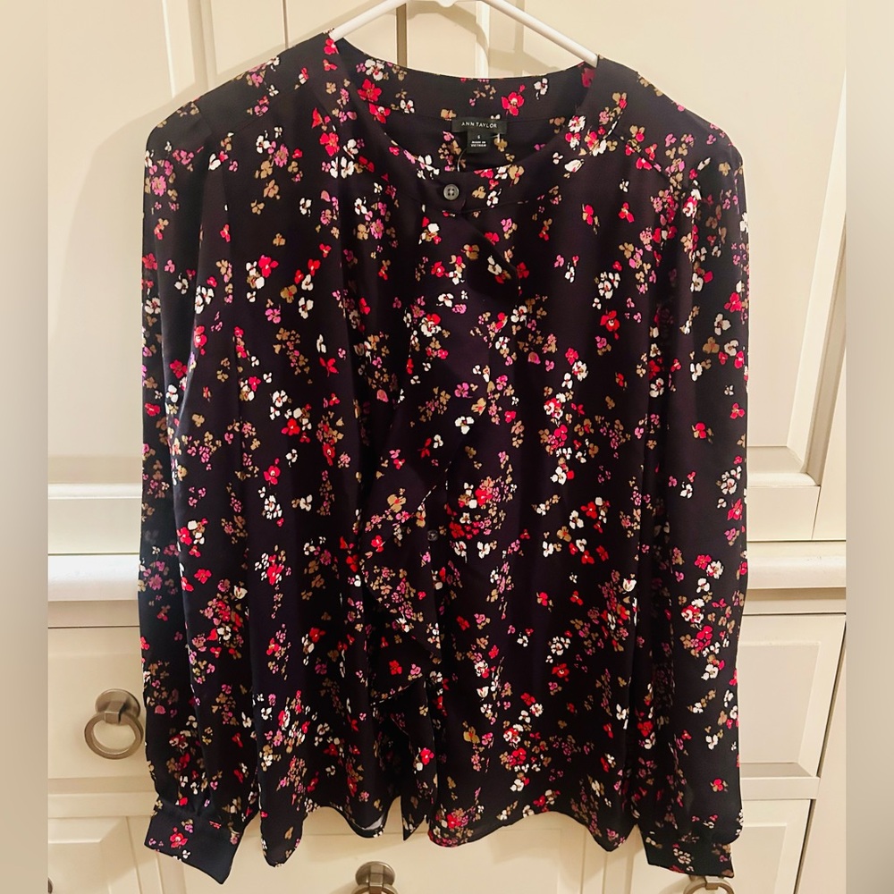 Ann Taylor Floral Blouse - Black with Red and Pink Accents